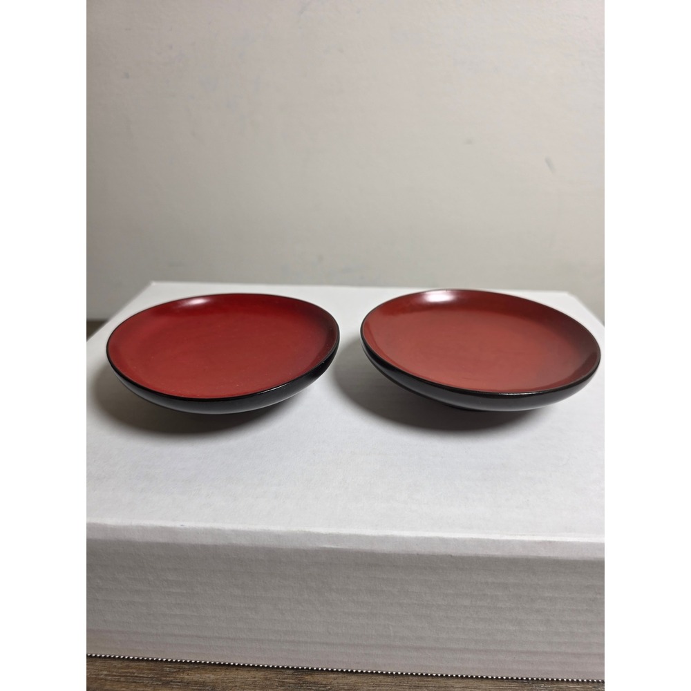 Japanese Lacquerware Red and Black Footed Saucers Set of 2 Small Plates